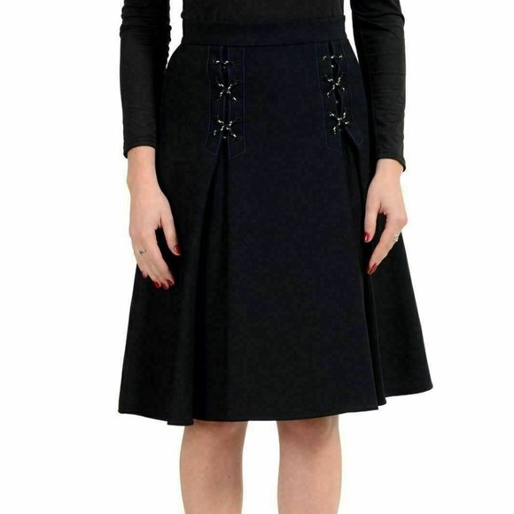 Versace Women Wool Silk Black Pleated A-Line Skirt